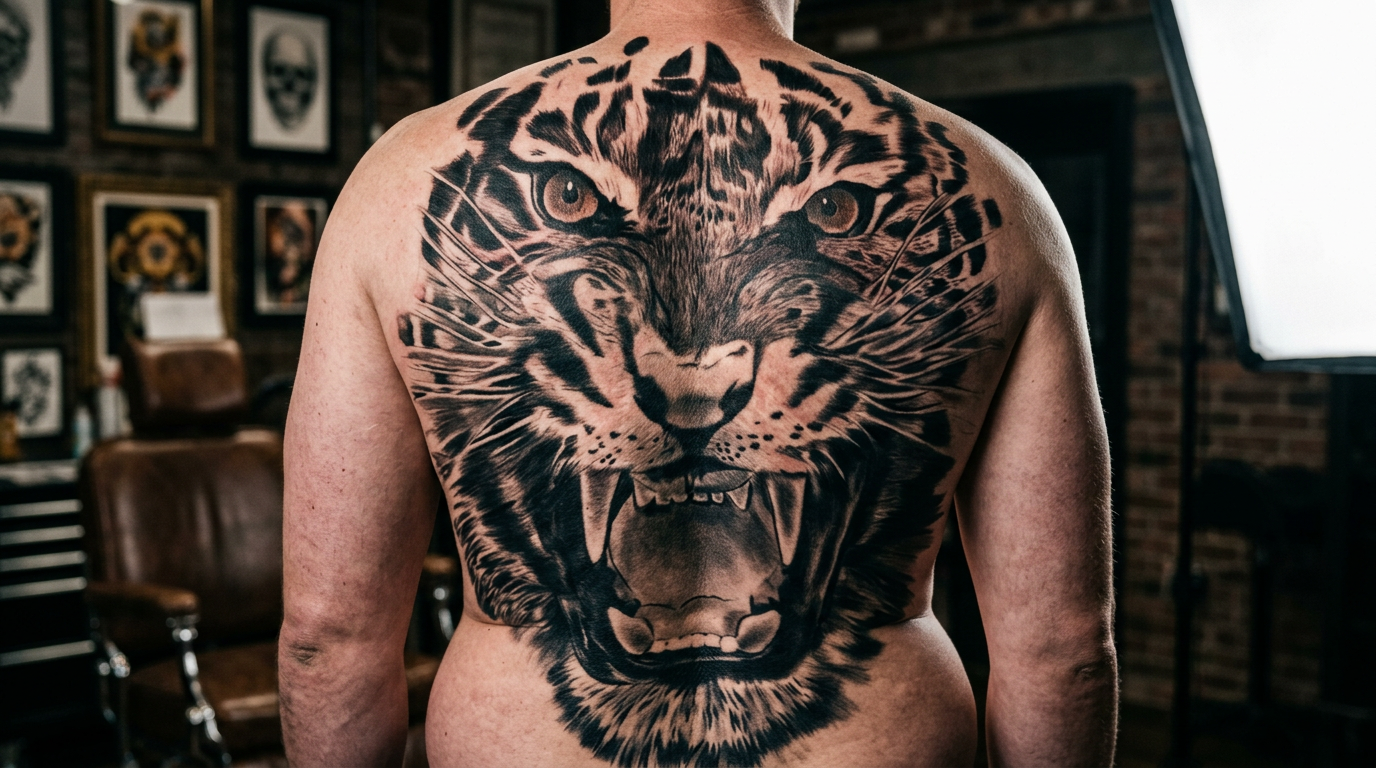Tatuagem realista de tigre cobrindo as costas